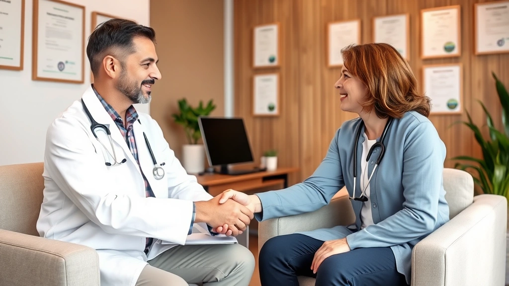 Patient meeting with specialist doctor in comfortable clinical office, shaking hands, medical diplomas visible on wall, warm professional atmosphere, diverse representation, modern medical facility