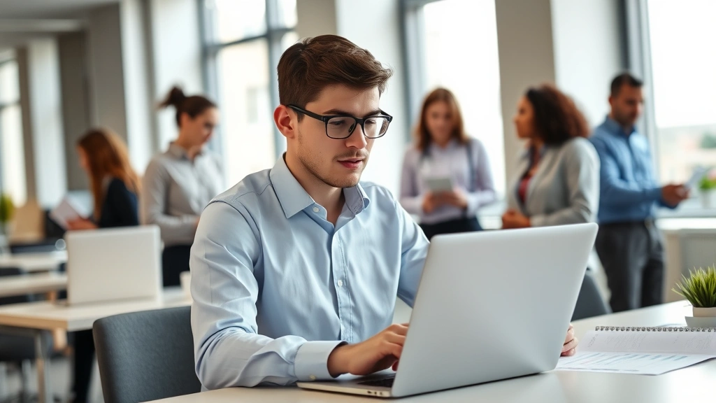 Young professional in business casual attire reviewing data on laptop in modern office, natural window light, diverse team collaborating in background, health charts visible on desk