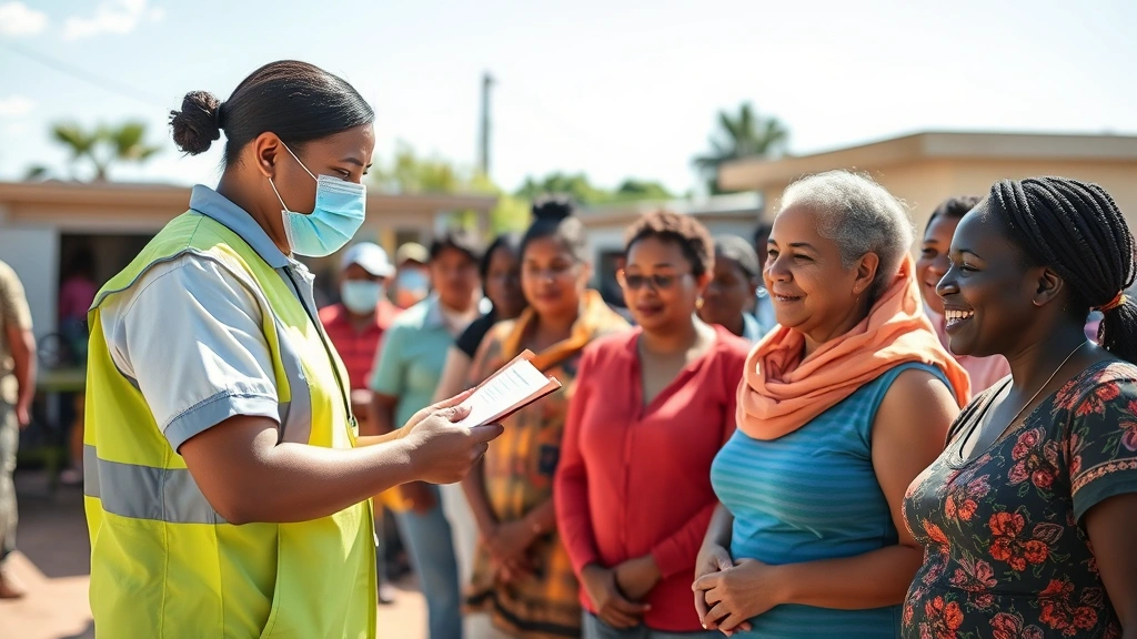 Public health worker conducting community health screening outdoors, diverse group of community members receiving services, bright daylight, wellness setting, genuine interaction