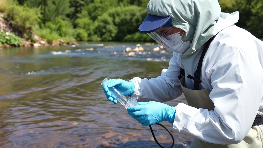 Environmental health specialist in protective gear collecting water samples from river, natural outdoor setting, scientific equipment, professional field work, clear water testing process