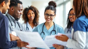 Professional healthcare worker in clinical setting wearing scrubs, smiling while reviewing patient charts with diverse colleagues in modern hospital environment, natural lighting