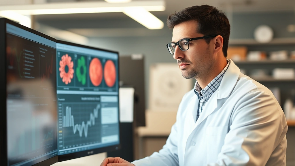 Professional epidemiologist analyzing disease data on computer screen in modern laboratory, serious expression, natural lighting, wearing white coat