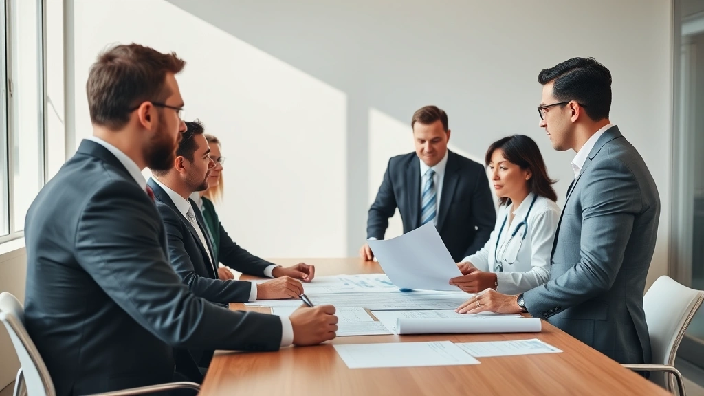 Diverse healthcare administrators in business attire reviewing strategic plans around conference table in contemporary office, collaborative discussion, morning light