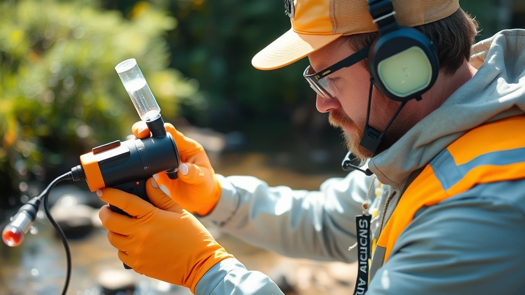 Environmental health inspector examining water quality samples in field setting, collecting data with testing equipment near natural water source, professional outdoor