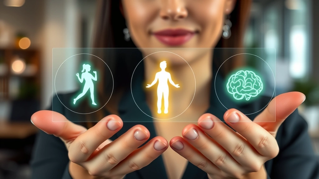 Close-up of professional woman holding holographic wellness card with glowing icons representing fitness, meditation, nutrition, and mental health floating above it in modern office setting