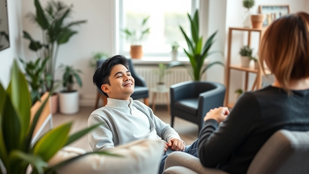 Young professional relaxing during therapy session with counselor in contemporary wellness clinic, comfortable seating, plants and soft lighting creating calming environment