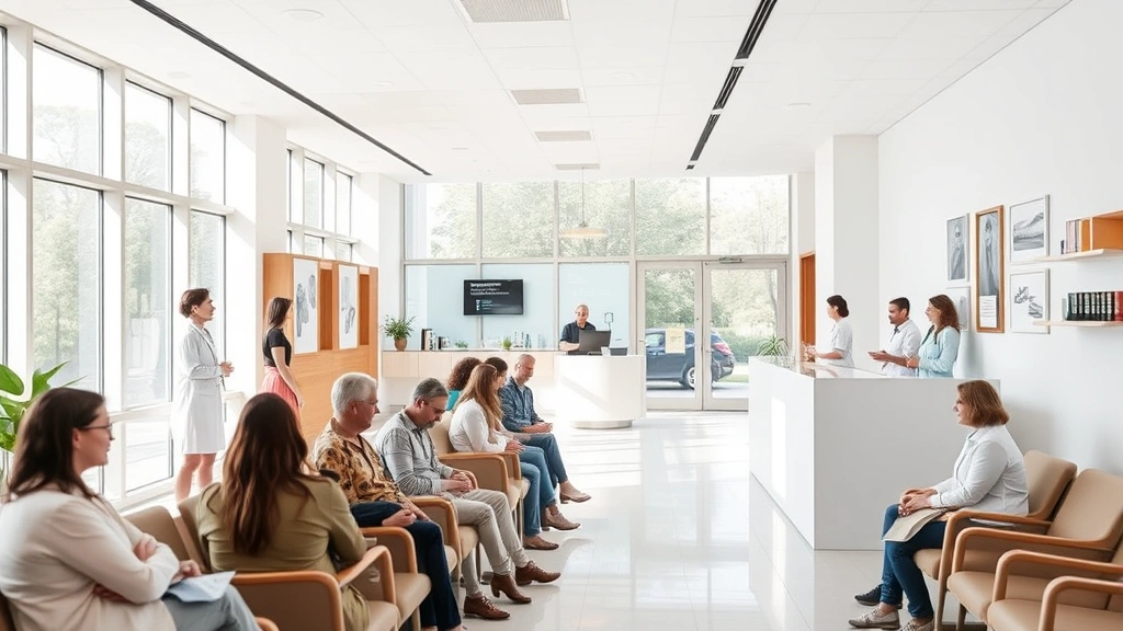 Modern healthcare clinic interior with diverse patients in waiting area, natural lighting through large windows, welcoming reception desk, professional staff assisting clients, contemporary wellness environment