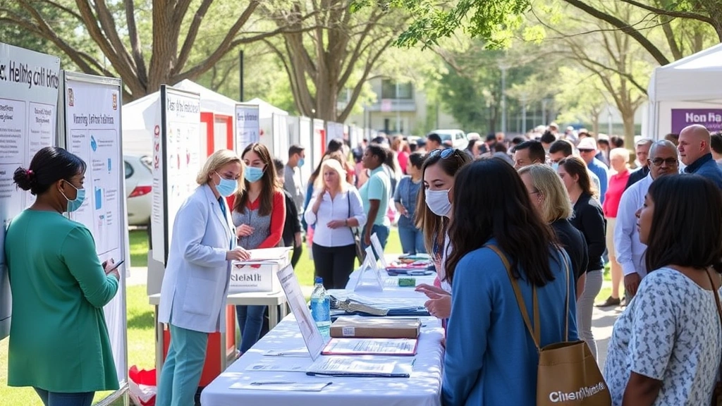 Community health fair outdoor scene with medical professionals at screening booths, residents receiving health consultations, informational displays about wellness programs, diverse group of people, bright daylight