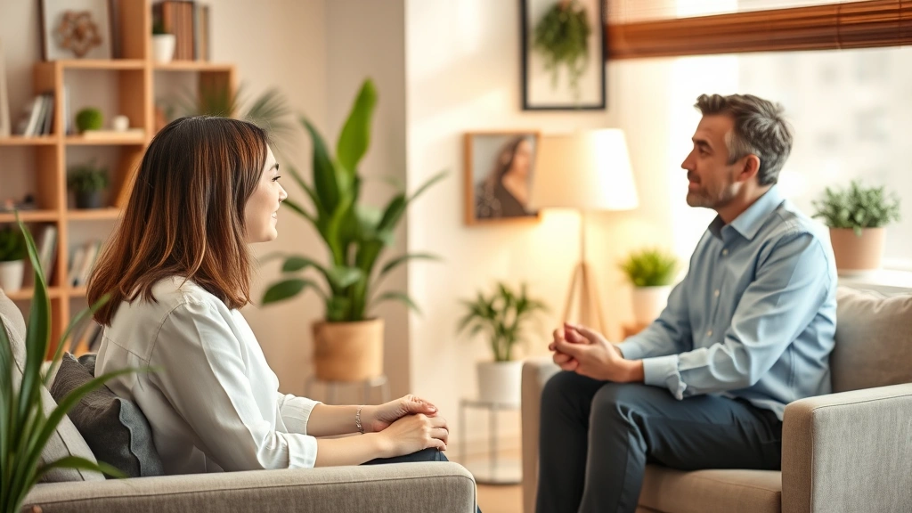 Mental health counseling session showing therapist and patient in comfortable office setting, soft warm lighting, plants and calming decor, professional yet approachable environment, trust and support visible