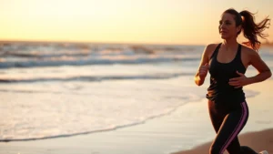 Woman jogging on Wilmington beach at sunrise, ocean waves in background, athletic wear, morning light, healthy lifestyle aesthetic, coastal scenery