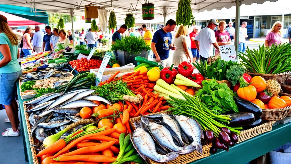 Fresh seafood and local vegetables at Wilmington farmer's market, colorful produce display, community gathering, natural lighting, healthy eating, coastal ingredients