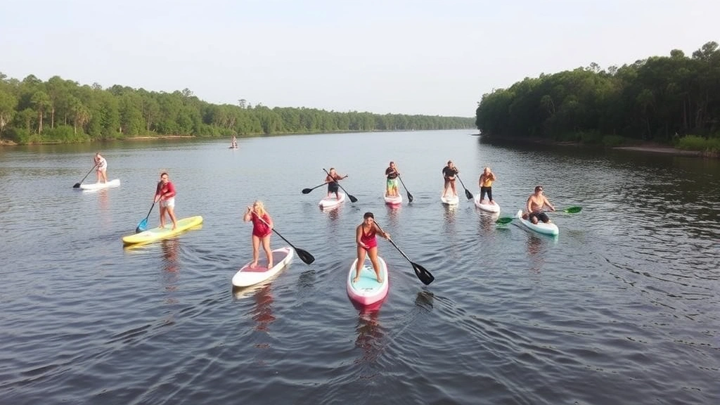 Group paddleboarding on Cape Fear River, multiple people on boards, serene water, trees lining banks, outdoor recreation, active wellness, peaceful landscape