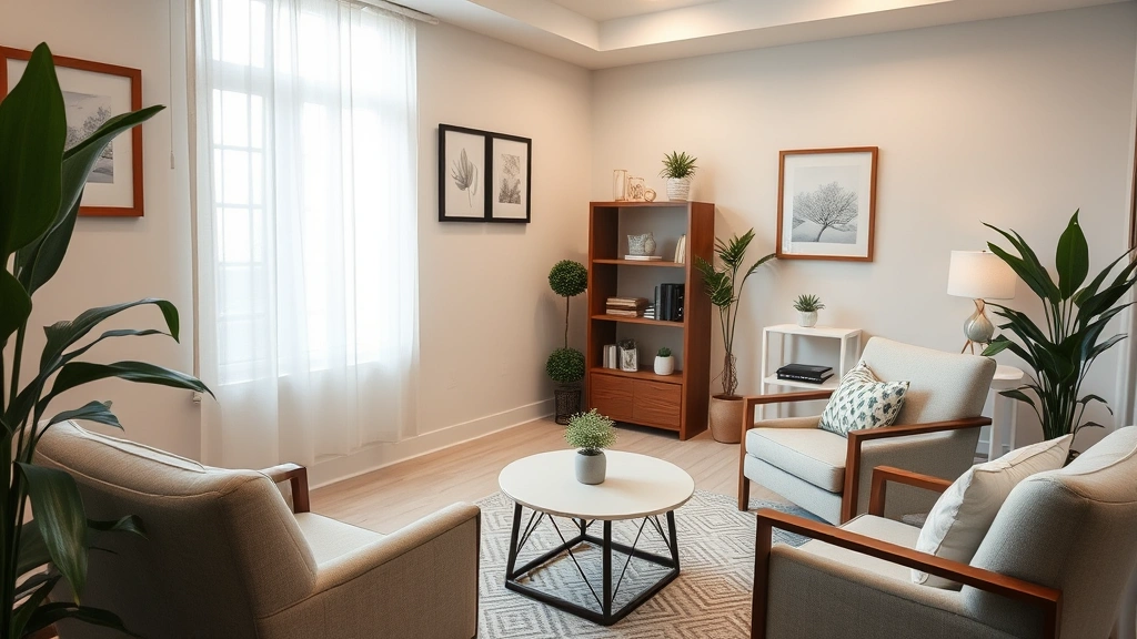 Serene therapist's office with comfortable seating, soft lighting, and peaceful decor, creating a safe clinical environment for psychiatric treatment and healing conversations