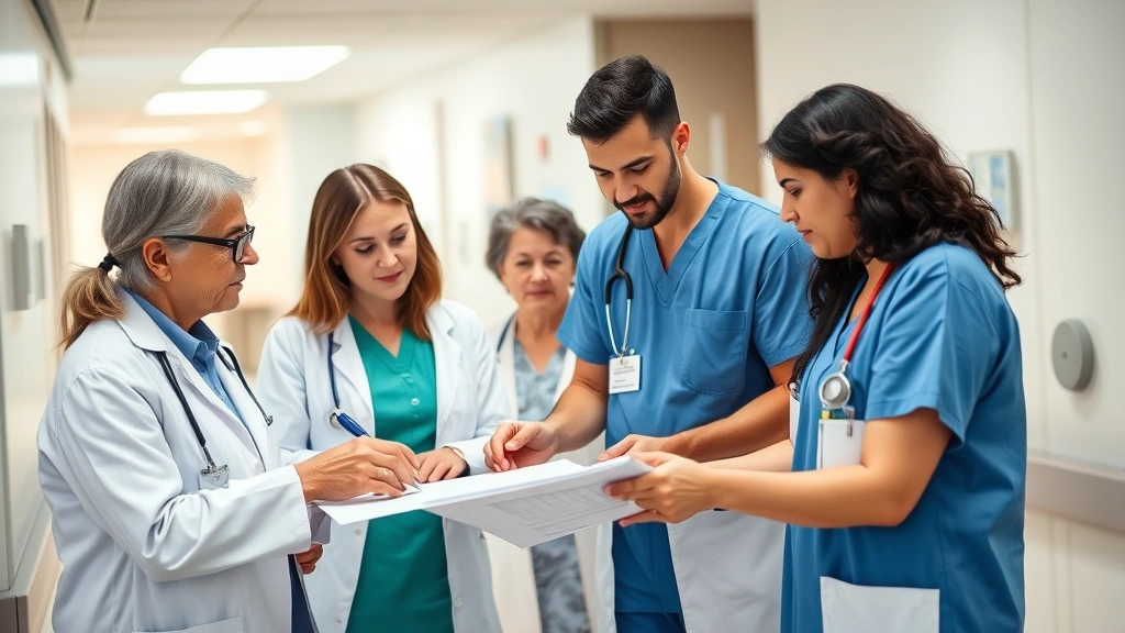 Diverse multidisciplinary mental health team collaborating around patient chart, including psychiatrist, psychologist, nurse, and social worker in modern hospital setting