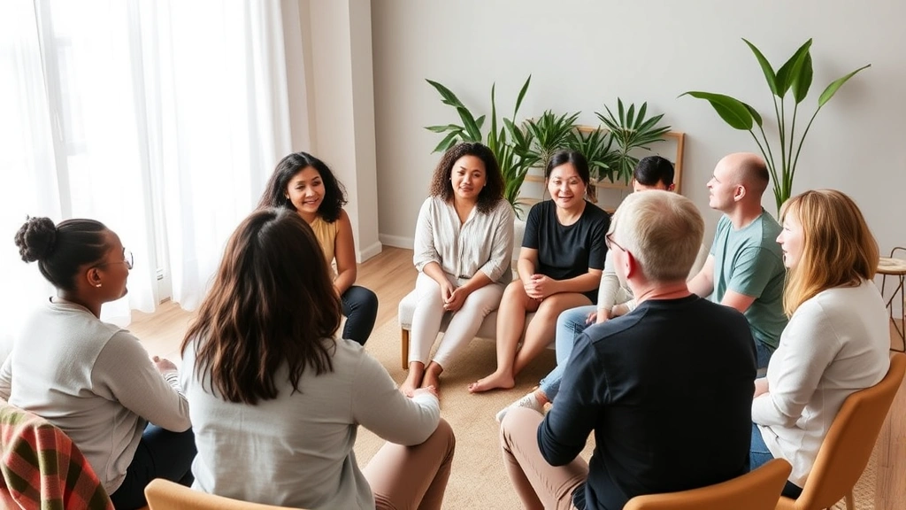 Group therapy session with diverse individuals sitting in circle, engaged in supportive conversation, demonstrating peer support and community healing in therapeutic environment