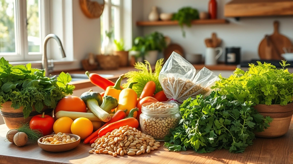 Sunlit kitchen with vibrant fresh vegetables, whole grains, nuts, and herbs arranged on wooden surfaces, natural morning light streaming through windows, lifestyle photography aesthetic