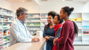 Modern pharmacy counter with professional pharmacist in white coat consulting with diverse young patient at bright, clean pharmacy workspace with medication shelves in background, warm natural lighting, welcoming healthcare environment