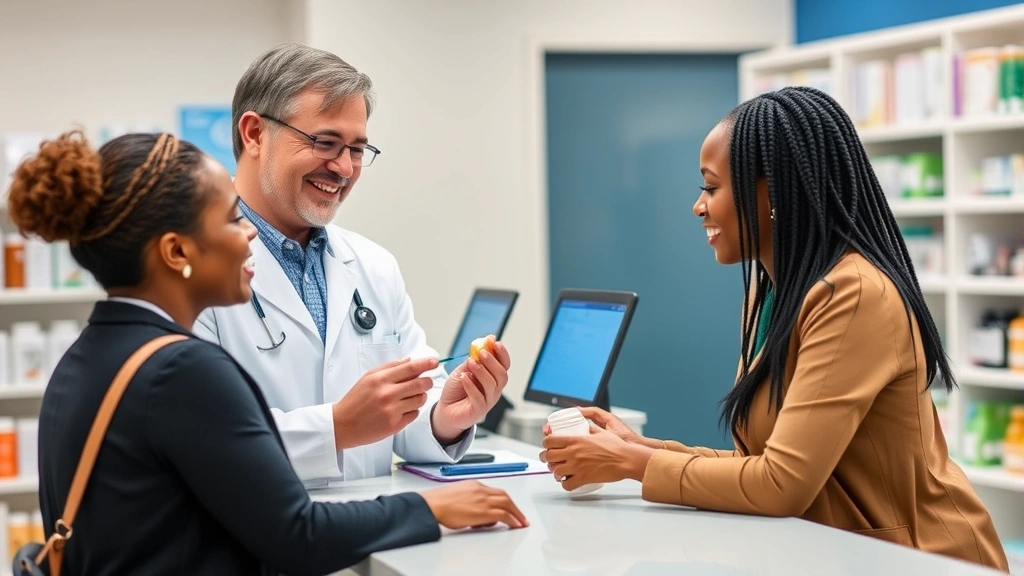 Pharmacist smiling while explaining medication bottle to patient at consultation counter, digital prescription screens visible, professional healthcare setting, diverse representation, caring and informative interaction