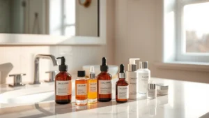 Luxury bathroom vanity with glass bottles of serums and skincare products arranged on marble surface, warm natural light from window, minimalist aesthetic, professional product photography style, lifestyle composition