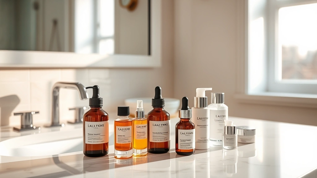 Luxury bathroom vanity with glass bottles of serums and skincare products arranged on marble surface, warm natural light from window, minimalist aesthetic, professional product photography style, lifestyle composition