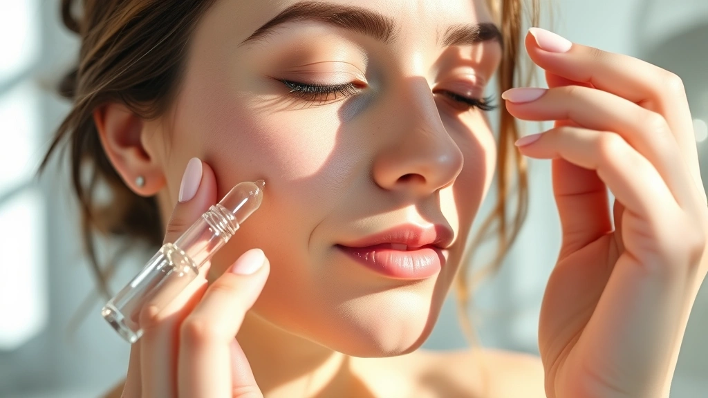 Woman applying clear serum to face with dropper applicator, soft morning sunlight on skin, serene spa-like bathroom setting, dewy glowing complexion, close-up detail shot, aspirational skincare routine moment