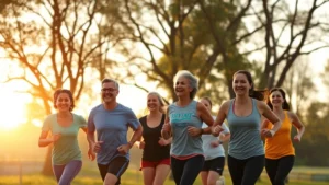 Diverse group of people jogging together in a scenic park at sunrise, smiling and energized, trees and morning light creating warm atmosphere, photorealistic lifestyle photography