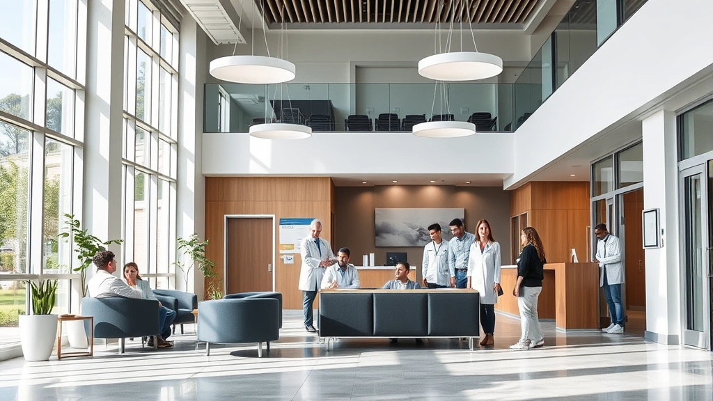 Modern healthcare facility reception area with welcoming design, comfortable seating, natural lighting, diverse medical professionals collaborating, clean contemporary architecture, patient-focused environment