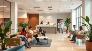 Modern healthcare clinic waiting room with comfortable seating, warm lighting, diverse patients and staff interacting, plants and natural elements creating welcoming atmosphere, contemporary medical office design