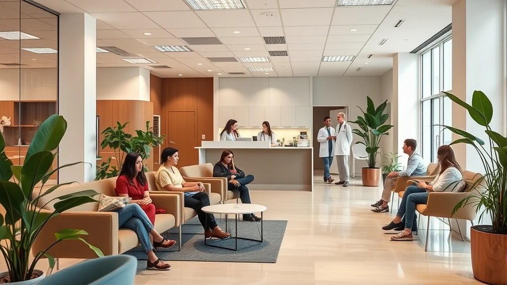 Modern healthcare clinic waiting room with comfortable seating, warm lighting, diverse patients and staff interacting, plants and natural elements creating welcoming atmosphere, contemporary medical office design
