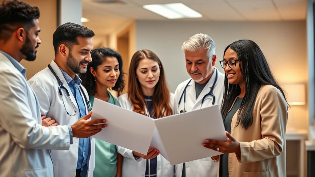 Diverse healthcare team collaborating in modern clinic setting with warm lighting, reviewing patient charts together, representing integrated care coordination and professional teamwork