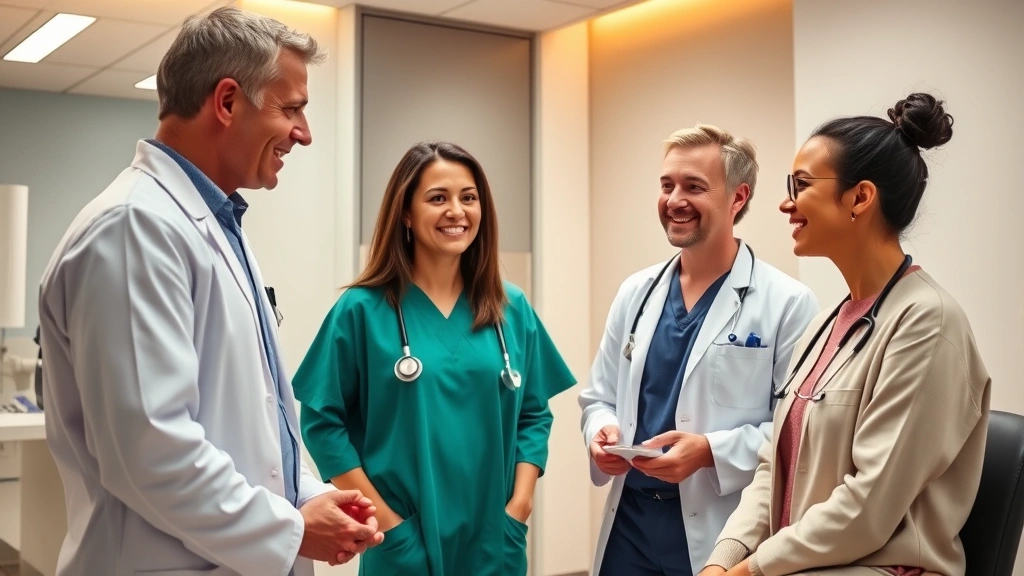 Diverse healthcare professionals in modern clinic setting with warm lighting, smiling while consulting with patient in comfortable examination room