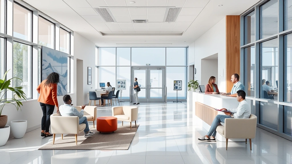 Modern healthcare facility lobby with natural light, comfortable seating, diverse patients checking in, clean minimalist design, welcoming atmosphere, contemporary medical office environment