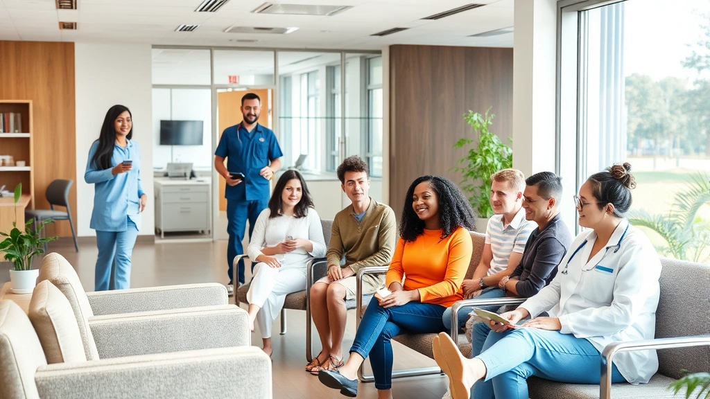 Diverse patients in modern clinic waiting room with welcoming staff, natural light, comfortable seating, contemporary healthcare environment, warm and professional atmosphere