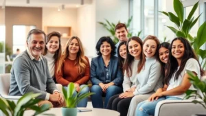 Diverse group of people in modern healthcare clinic waiting room, smiling and relaxed, bright natural lighting, contemporary medical facility interior with plants, wellness-focused atmosphere