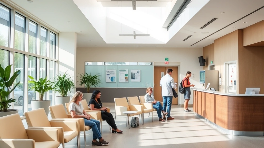 A modern healthcare facility waiting room with natural light, comfortable seating, and diverse patients checking in at a welcoming reception desk