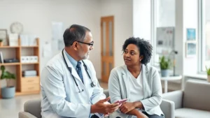 Professional healthcare provider in white coat consulting with diverse middle-aged patient in modern clinical office with natural lighting, warm colors, comfortable seating, and medical charts visible
