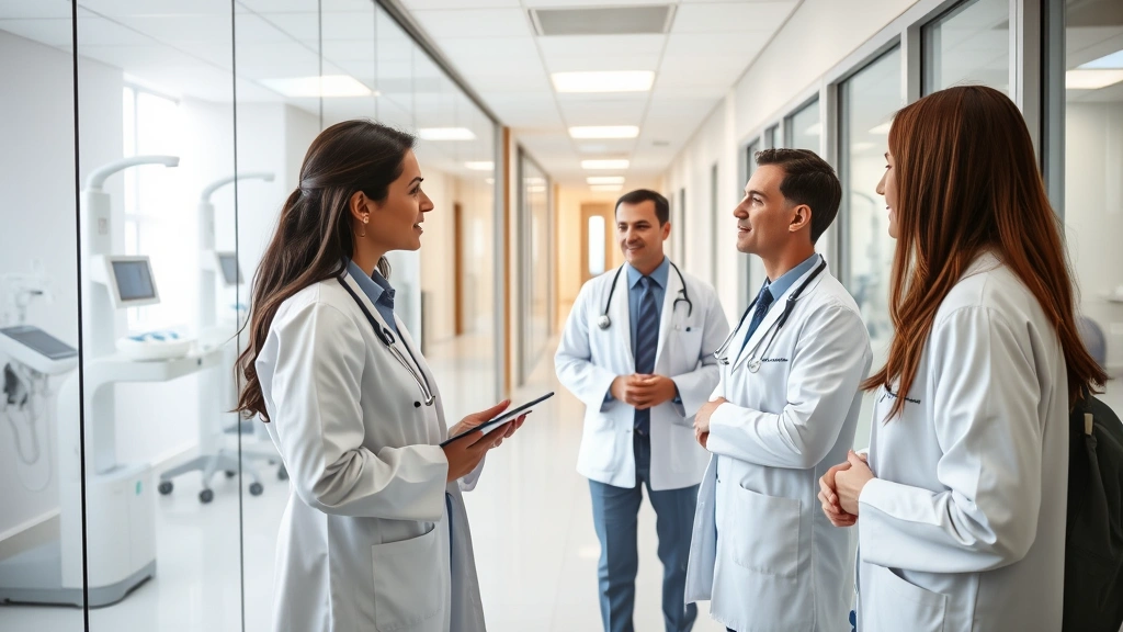 Modern healthcare facility interior with professional medical staff consulting in bright, welcoming clinic hallway with natural lighting and contemporary medical equipment visible through glass partitions