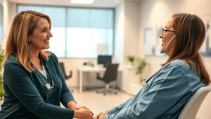 Professional healthcare provider in modern clinic consulting with patient during wellness visit, warm lighting, caring expression, stethoscope visible, clean medical office background