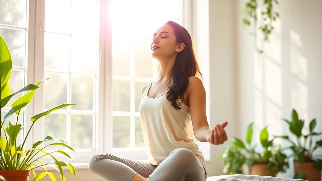 Serene woman meditating in bright morning sunlight near large windows, peaceful indoor garden setting with green plants, wearing comfortable wellness attire