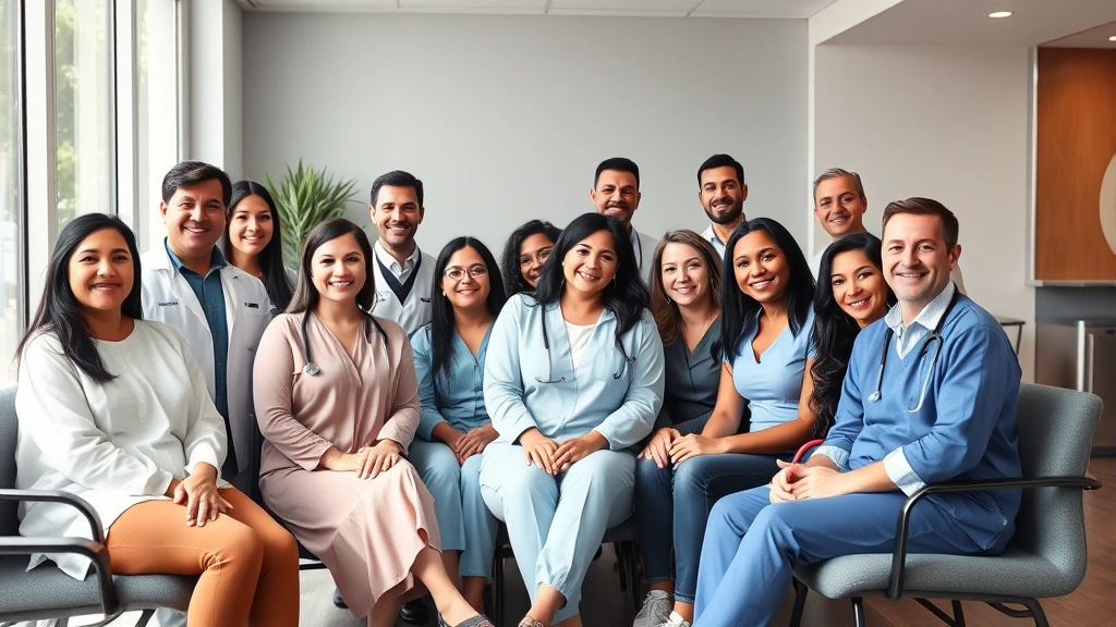 Diverse group of patients and healthcare professionals in a modern, welcoming clinic waiting room with natural light, comfortable seating, and diverse representation smiling warmly