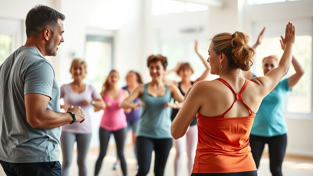 Fitness professional coaching diverse group in wellness class, participants of various ages exercising together, bright studio with natural light, motivational energy, healthy active lifestyle representation