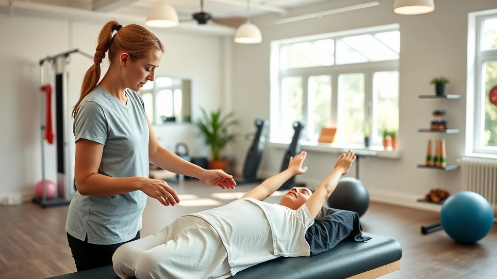 Patient receiving physical therapy in bright, welcoming wellness facility with exercise equipment, therapist providing hands-on guidance, embodying holistic rehabilitation and preventative care