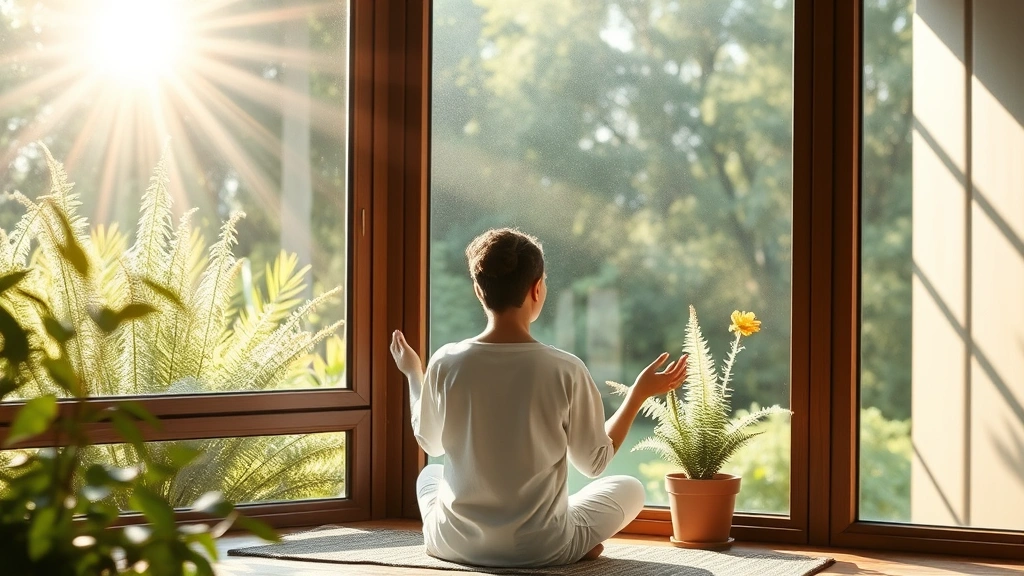 Peaceful wellness scene with person meditating by large window overlooking nature, morning sunlight streaming in, plants visible, serene expression