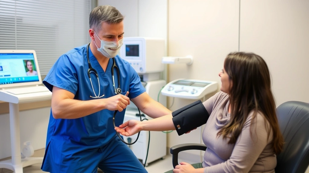 Healthcare professional conducting preventative health screening with patient, blood pressure measurement, clinical setting, caring interaction, modern medical equipment, wellness focus