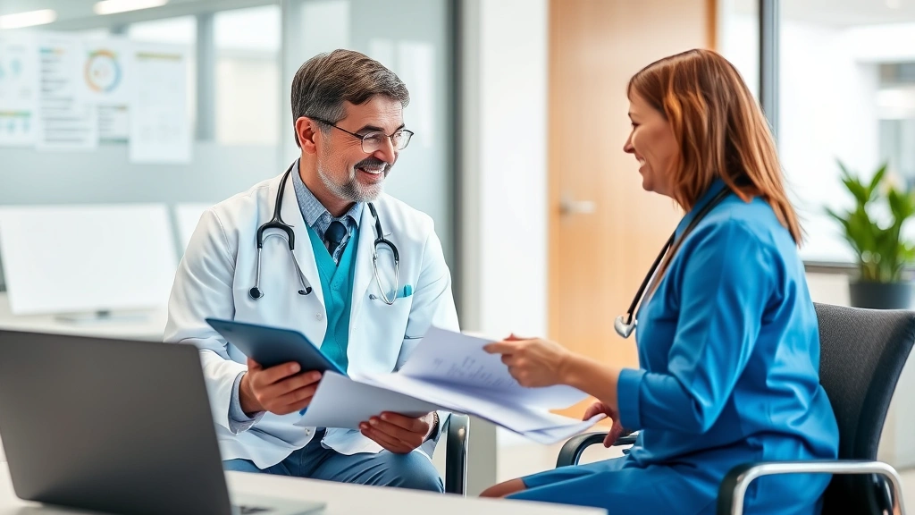 Doctor and patient in consultation discussing health results, friendly interaction, reviewing medical documents, caring physician demeanor, modern clinical office setting