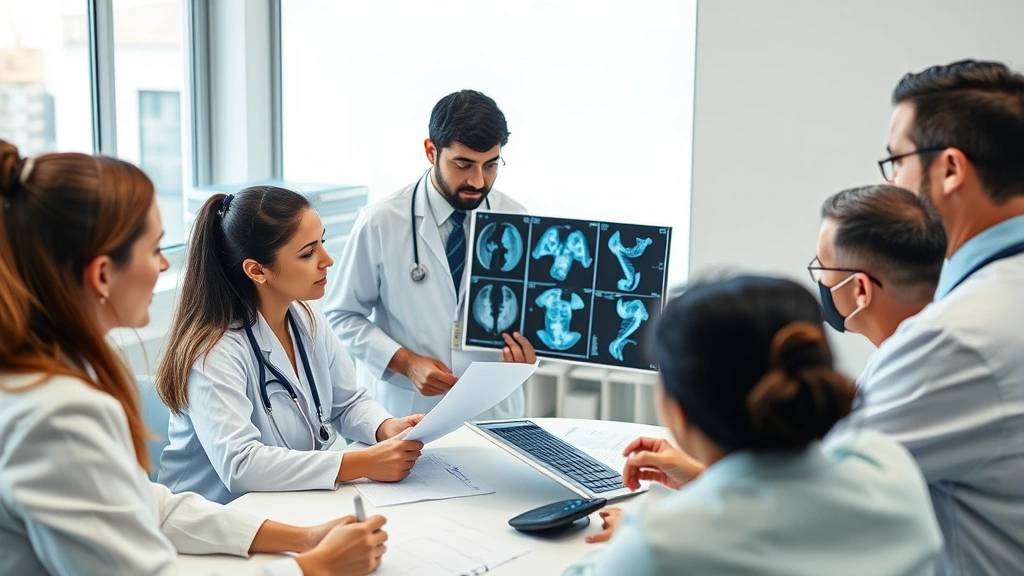 Healthcare professionals in a collaborative team meeting reviewing patient charts and imaging scans in a bright clinical office environment