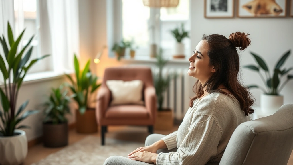 Peaceful woman receiving mental health counseling in comfortable therapy room with soft lighting, comfortable chairs, plants, and calming decor representing emotional wellness support