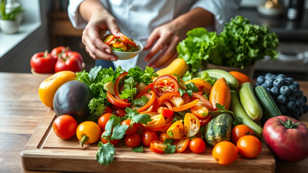 Vibrant fresh vegetables and fruits arranged on wooden cutting board with chef's hands preparing colorful salad, natural kitchen lighting, wholesome food styling