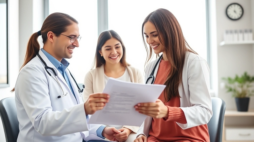 Female patient consulting with male doctor in bright medical office, reviewing health chart together, both smiling, professional compassionate healthcare moment
