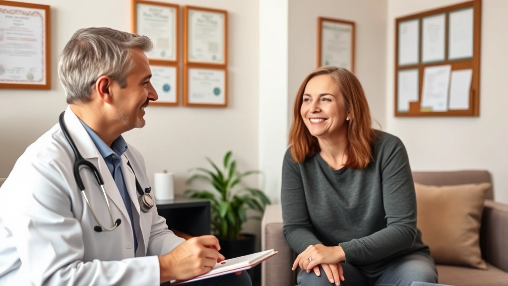 Professional healthcare provider conducting consultation with middle-aged patient in comfortable office setting, both smiling, medical diplomas on wall, warm professional environment, note-taking